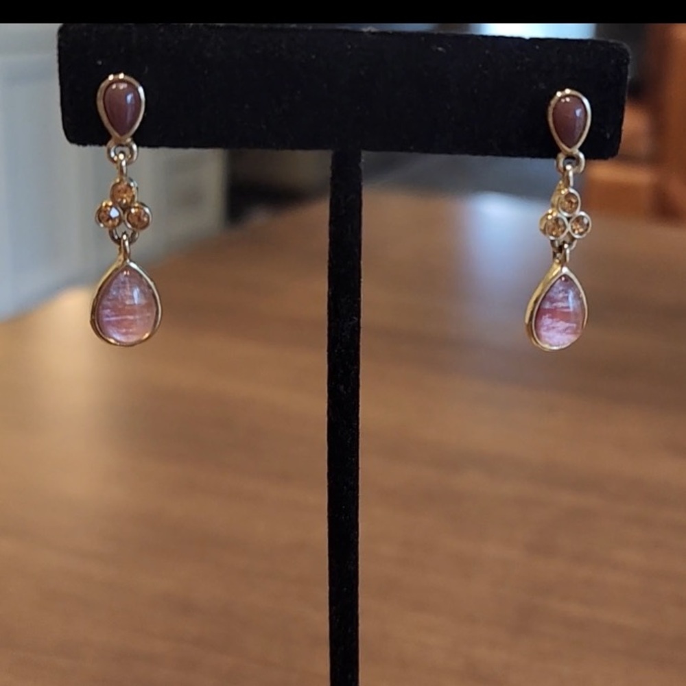 Vintage Gold Tone Drop Earrings Purple Cabochon & Teardrop Glass Dangle